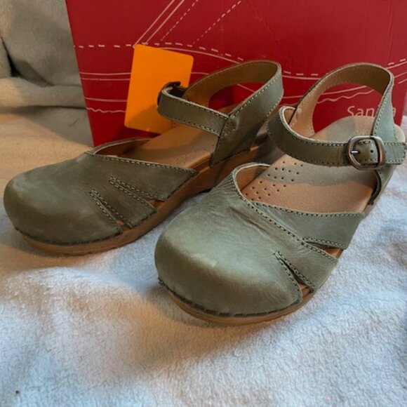 Sanita Shoes - Sanita Margrethe Sandals Leather size 36 6 Khaki Clogs Wood Heel Green Beige